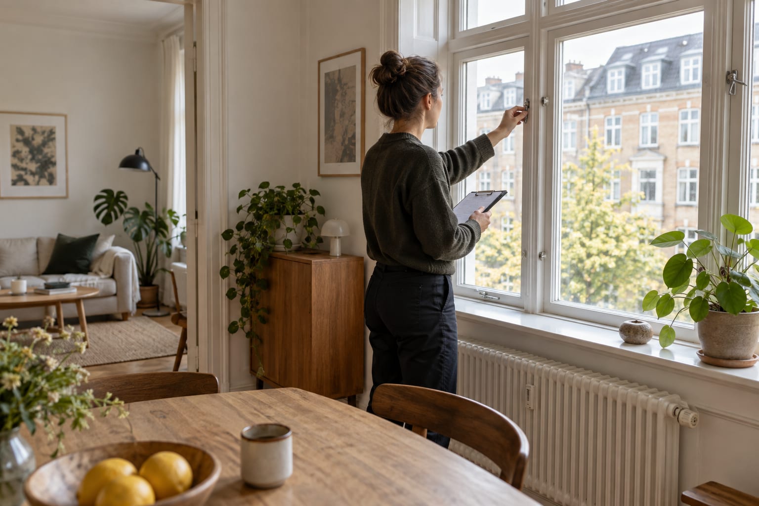 En person kontrollerer et vindue og noterer boligens status